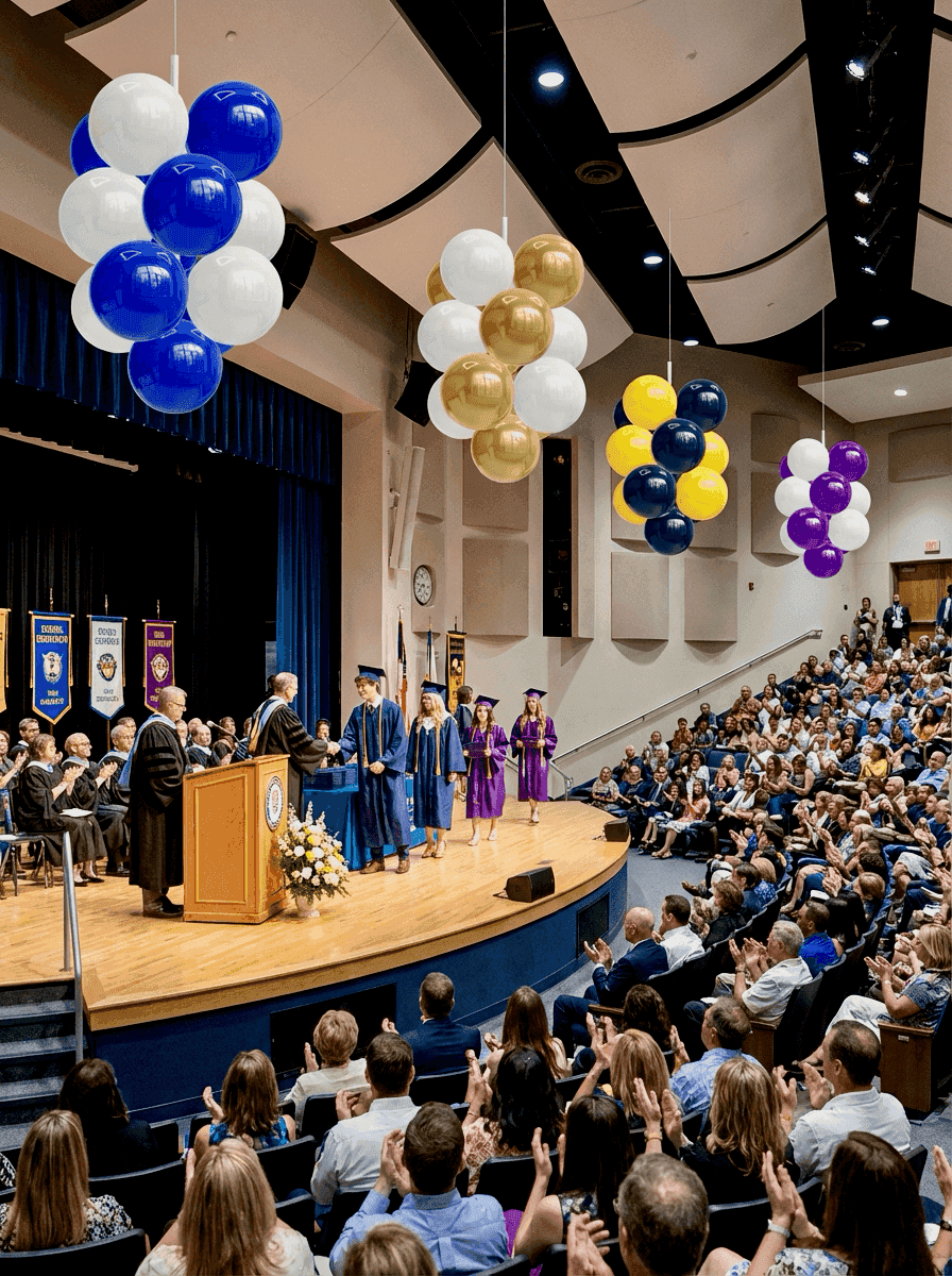 Coloridos racimos de globos en aula escolar para graduación