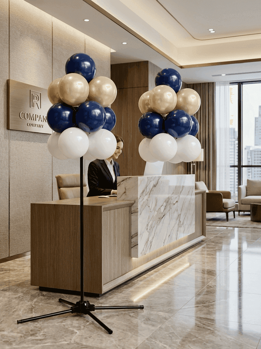 Racimo de globos de pie junto a mostrador de recepción como decoración de bienvenida