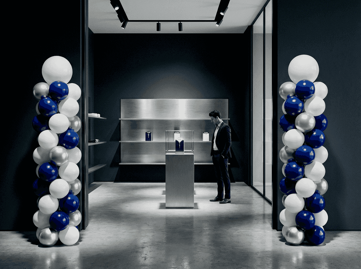 Tienda insignia de marca con pilares de globos azul oscuro y blanco en un lanzamiento de producto