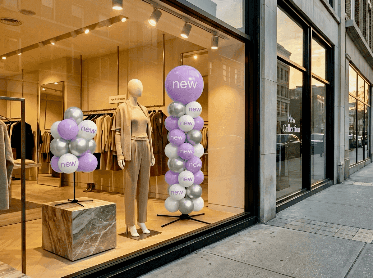 Escaparate de una boutique de moda con decoración de globos blancos y lilas para el cambio de temporada