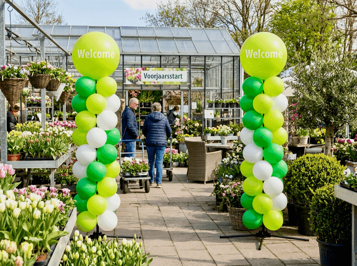 Entrada exterior de un centro de jardinería con pilares de globos verdes y lima al inicio de la primavera