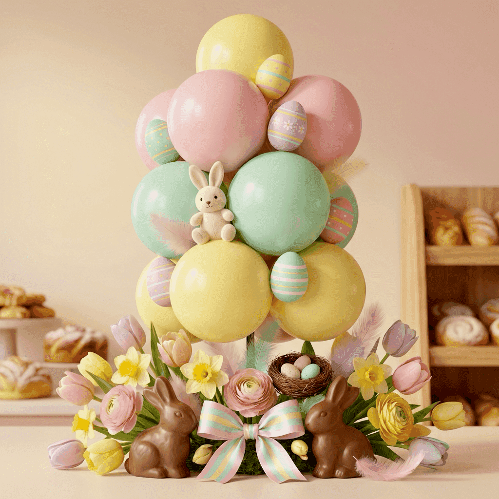 Promoción de Pascua de panadería con racimo de globos rosa bebé y amarillo limón