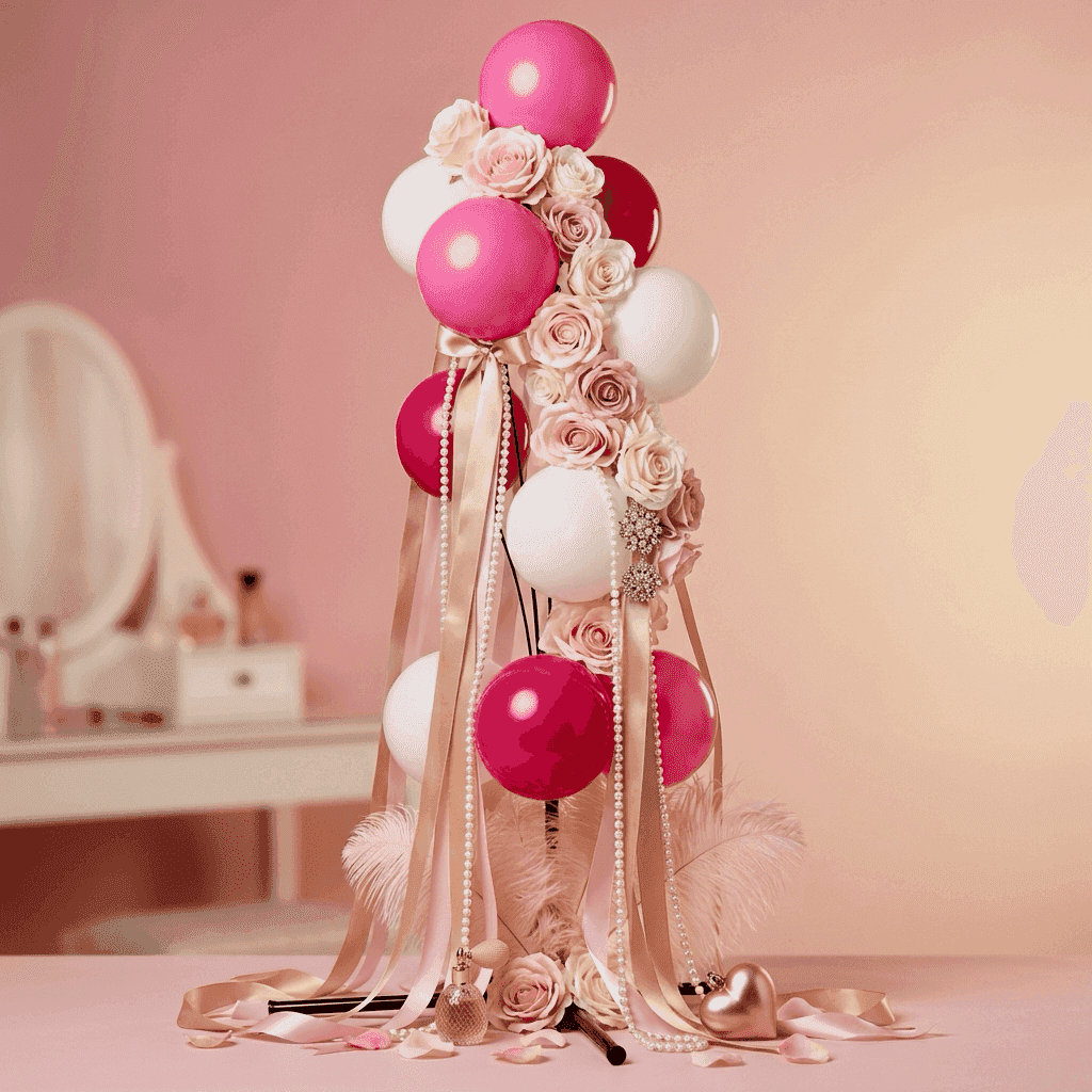 Exhibición de San Valentín en perfumería con fuente de globos rosa y magenta