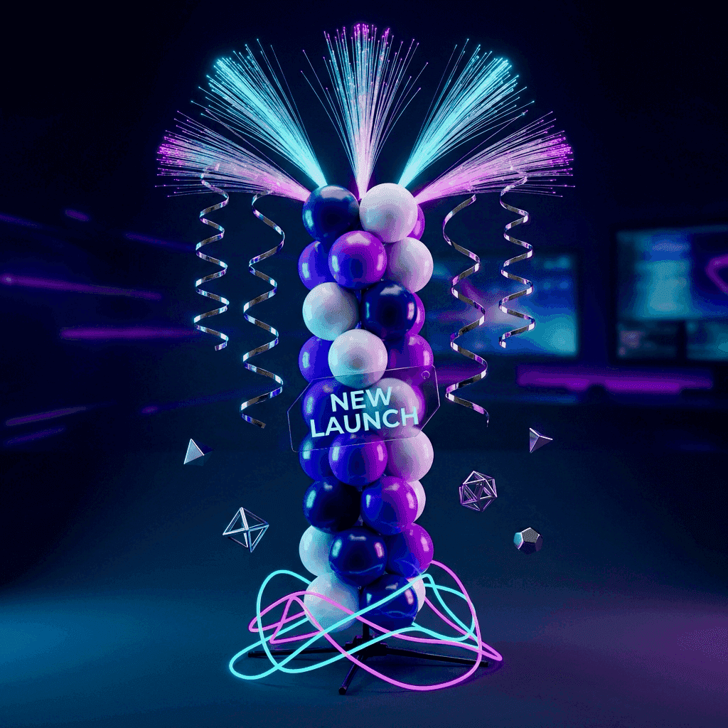 Lanzamiento de producto en tienda de electrónica con pilar de globos azul claro y plateado