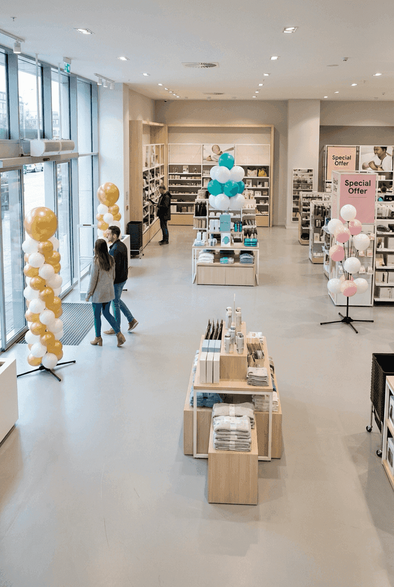 Configuración completa de retail con un pilar de globos PilaMania en la entrada, un racimo de globos en una exhibición y una fuente de globos en un rincón promocional