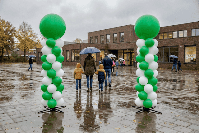 Columnas de globos resistentes a la intemperie en colores institucionales en el exterior del centro para jornada de puertas abiertas