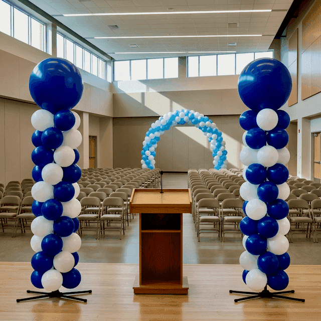 Salón de actos completamente decorado con columnas de globos en colores institucionales para la ceremonia de graduación