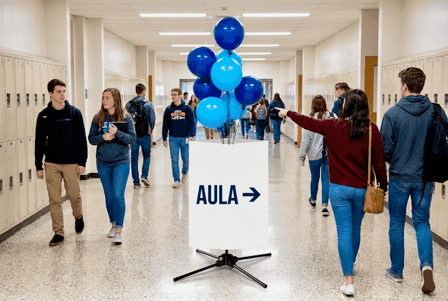 Display de señalización con globos con nombre de facultad y colores institucionales como punto de orientación en campus universitario