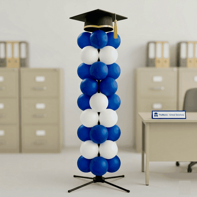 Columna de globos PilaMania decorada con banda en colores institucionales y logotipo para ceremonia de graduación