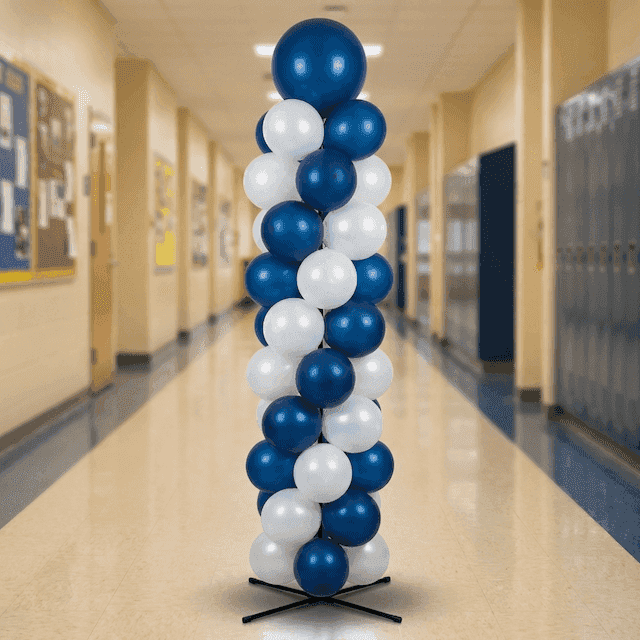 Columna de globos en colores institucionales junto al escenario para ceremonia de graduación