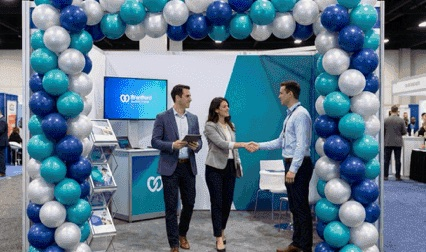 Columnas de globos en un estand de feria durante un evento corporativo