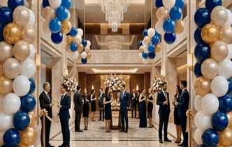 Columnas de globos en el vestíbulo de un hotel durante una recepción de empresa