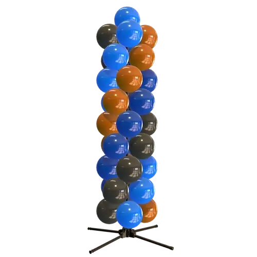Columna de globos PilaMania en azul, antracita y cobre sobre su soporte, sin entorno
