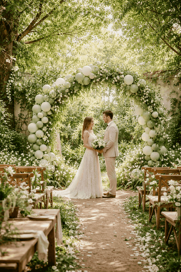 Decoración de globos reutilizable y sostenible para una boda respetuosa con el medio ambiente