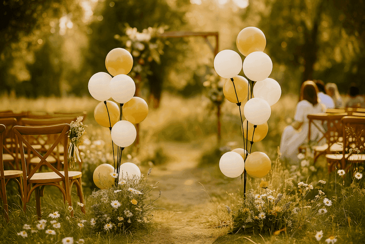 Boda ecológica en un campo de flores con columnas de globos dorados y blancos