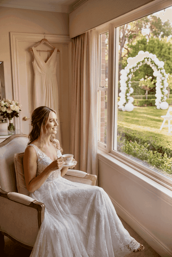 Pareja de novios relajada disfrutando de su boda sin estrés con la decoración de globos de PilaMania