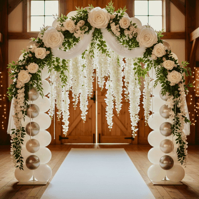 Arco de globos blanco decorado con rosas y vegetación colgante en una ceremonia