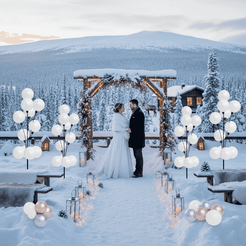 Ceremonia de boda de invierno con columnas de globos en un paisaje nevado