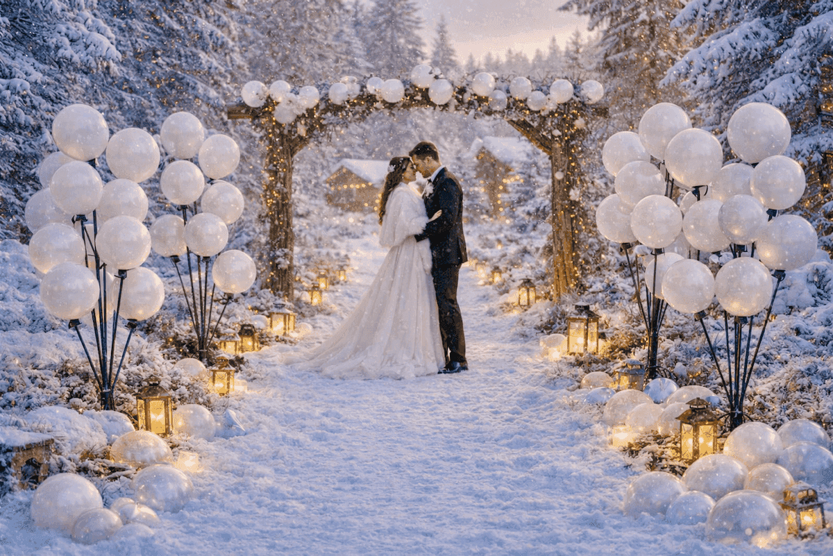 Boda romántica de invierno con arco de globos blanco, farolillos y nieve