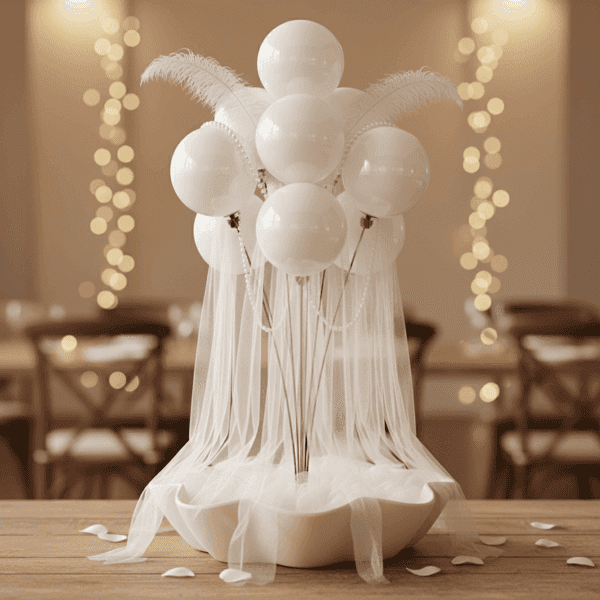 Centro de mesa de boda con fuente de globos, tul, plumas y base decorativa