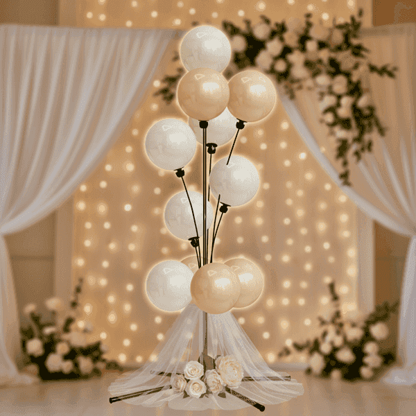 Fuente de globos blanca como elegante centro de mesa de boda
