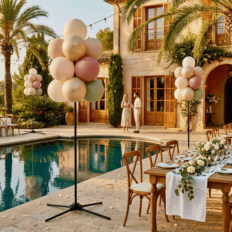 Elegante escenario de boda con columnas de globos blancos y dorados de PilaMania en la ceremonia