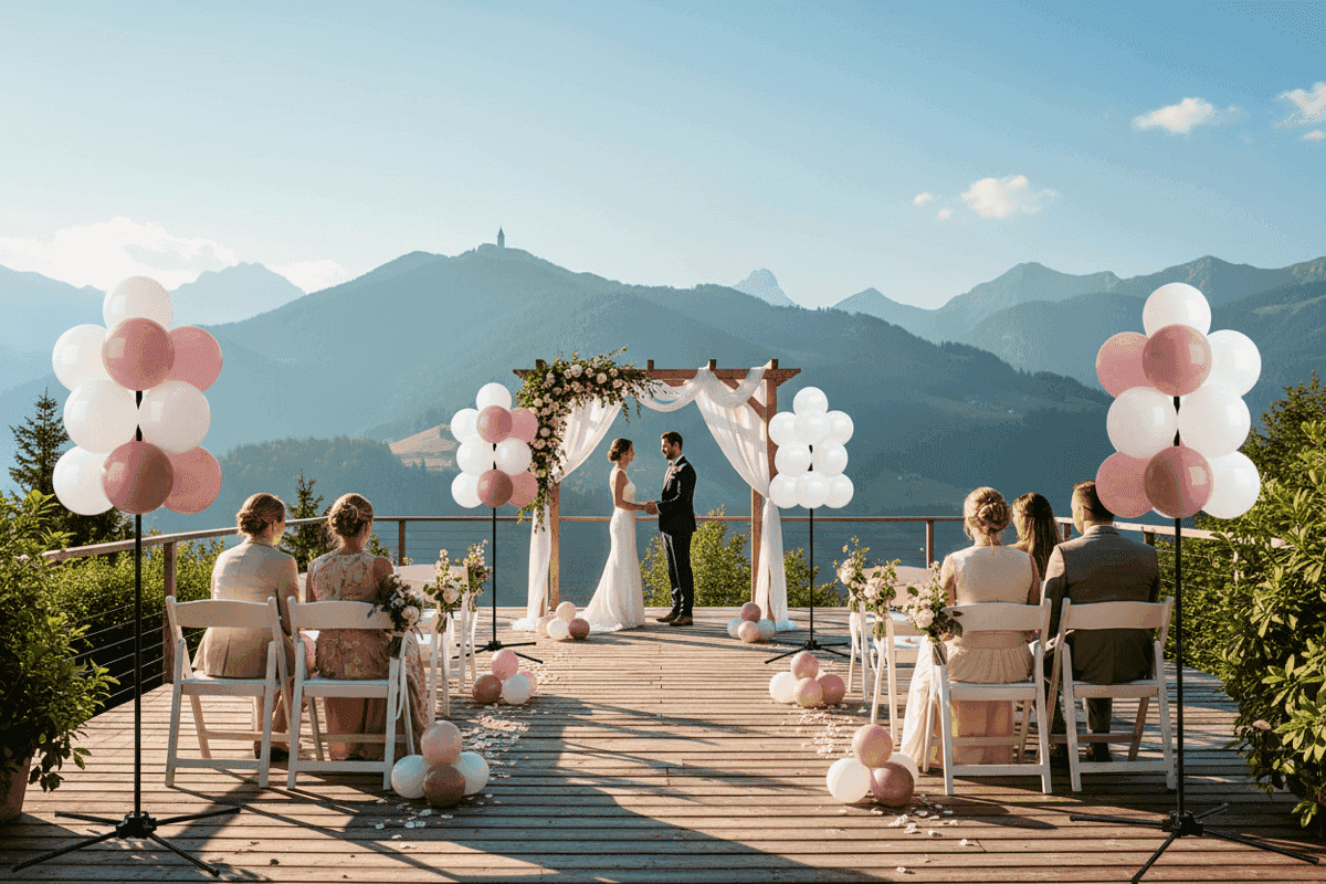 Ceremonia de boda en las montañas con racimos de globos rosas y blancos