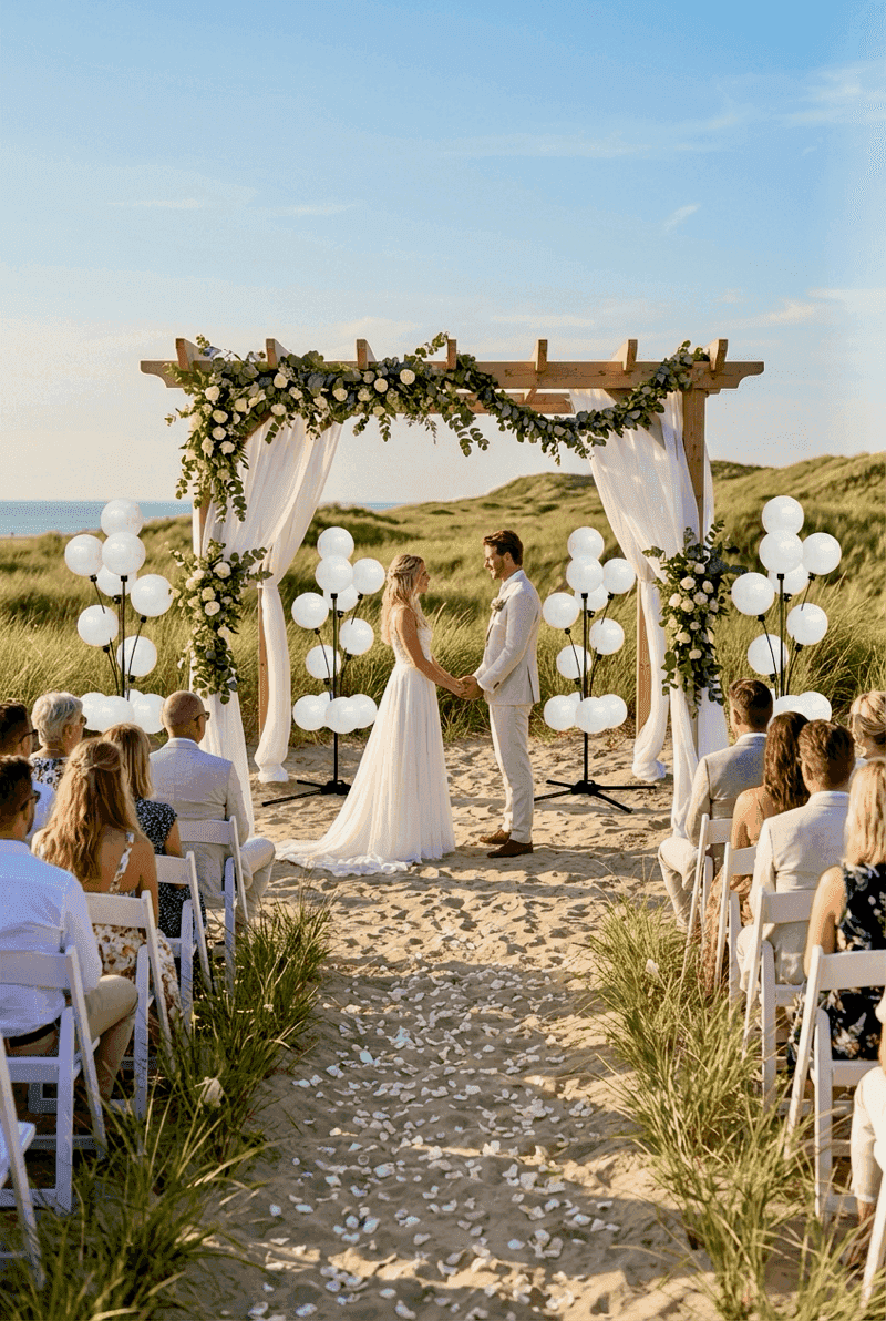 Escenario de boda completo con decoraciones de PilaMania: arco, columnas y fuentes