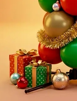 Regalos envueltos alrededor de la base de una columna de globos en colores navideños