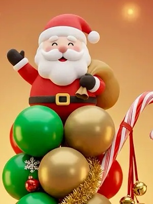 Papá Noel como remate sobre globos rojos, verdes y dorados