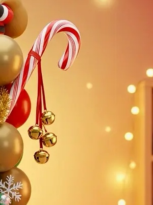 Bastón de caramelo con campanillas doradas como detalle en un montaje de globos