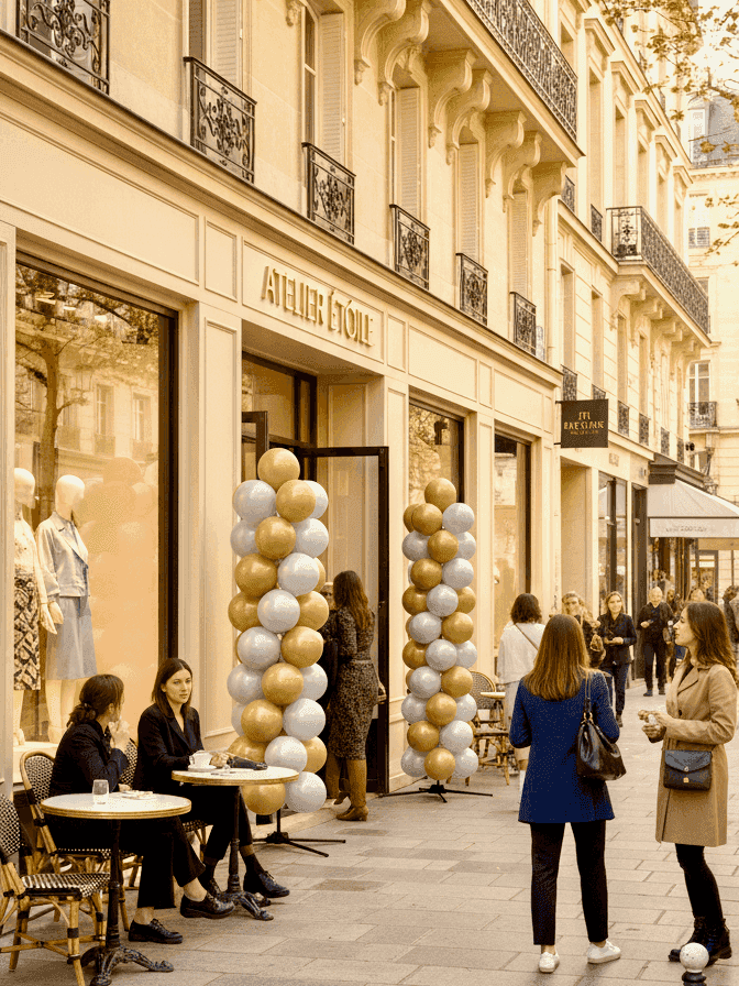 Dos columnas de globos en dorado y plata junto a la entrada de una boutique de lujo