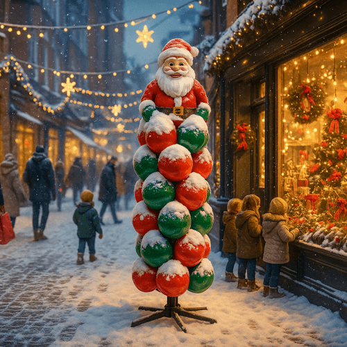 Columna de globos con Papá Noel arriba, nevada, ante una tienda en una calle comercial con ambiente