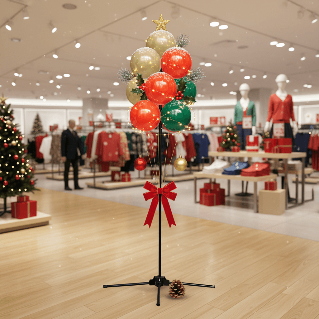 Racimo de globos con lazo rojo y estrella dorada en una tienda de ropa decorada para Navidad