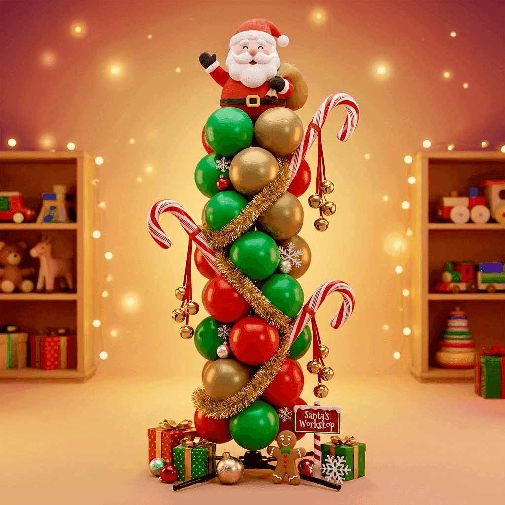 Columna navideña con globos rojos, verdes y dorados, guirnaldas y regalos en una juguetería
