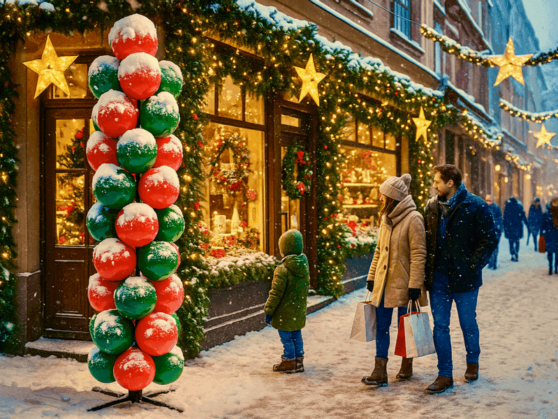 Columna de globos con Papá Noel arriba, nevada, ante una tienda en una calle comercial con ambiente