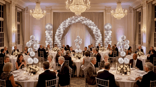 Salón de hotel con mesas puestas y decoración de globos dorados