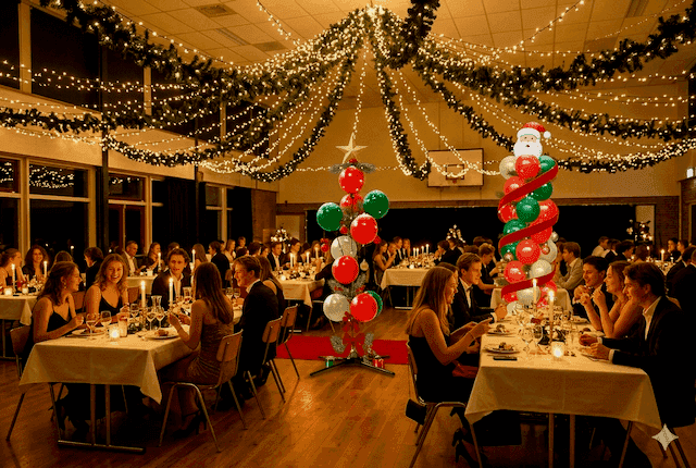 Gala de Navidad en una sala con luces, verde y dos columnas de globos en colores navideños