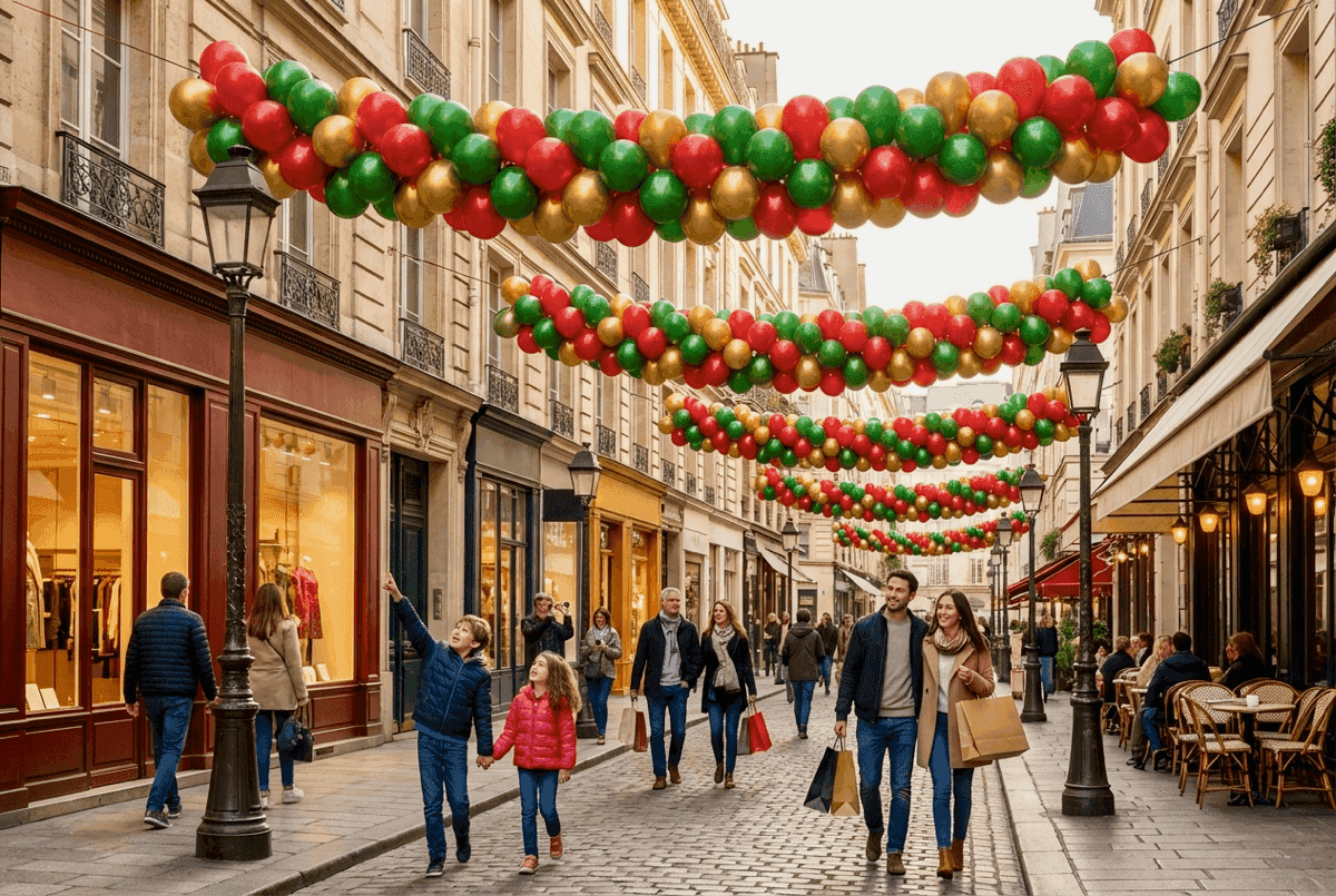 Guirnaldas de globos rojos, verdes y dorados sobre una calle comercial con gente comprando