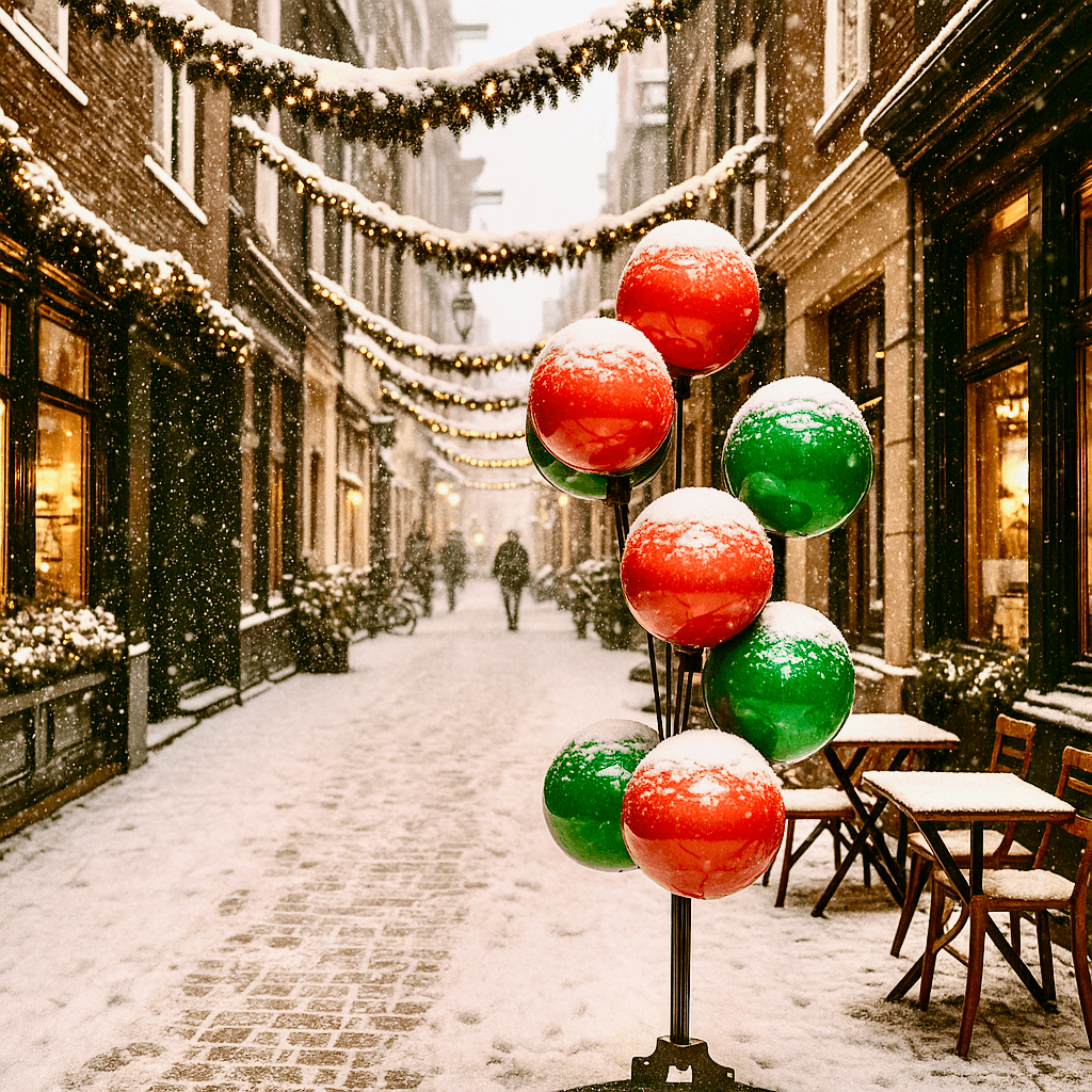 Fuente de globos con bolas rojas y verdes cubiertas de nieve en una calle comercial durante una nevada