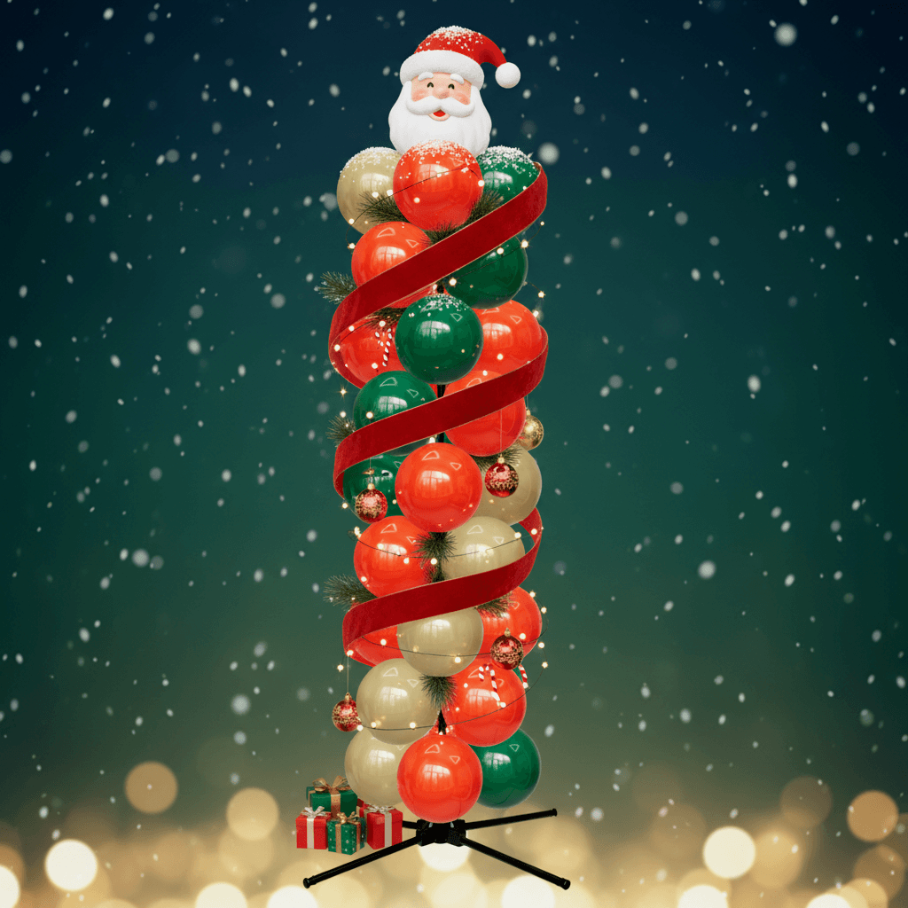 Columna de globos en rojo, verde y dorado con una cinta roja, luces y una figura de Papá Noel encima