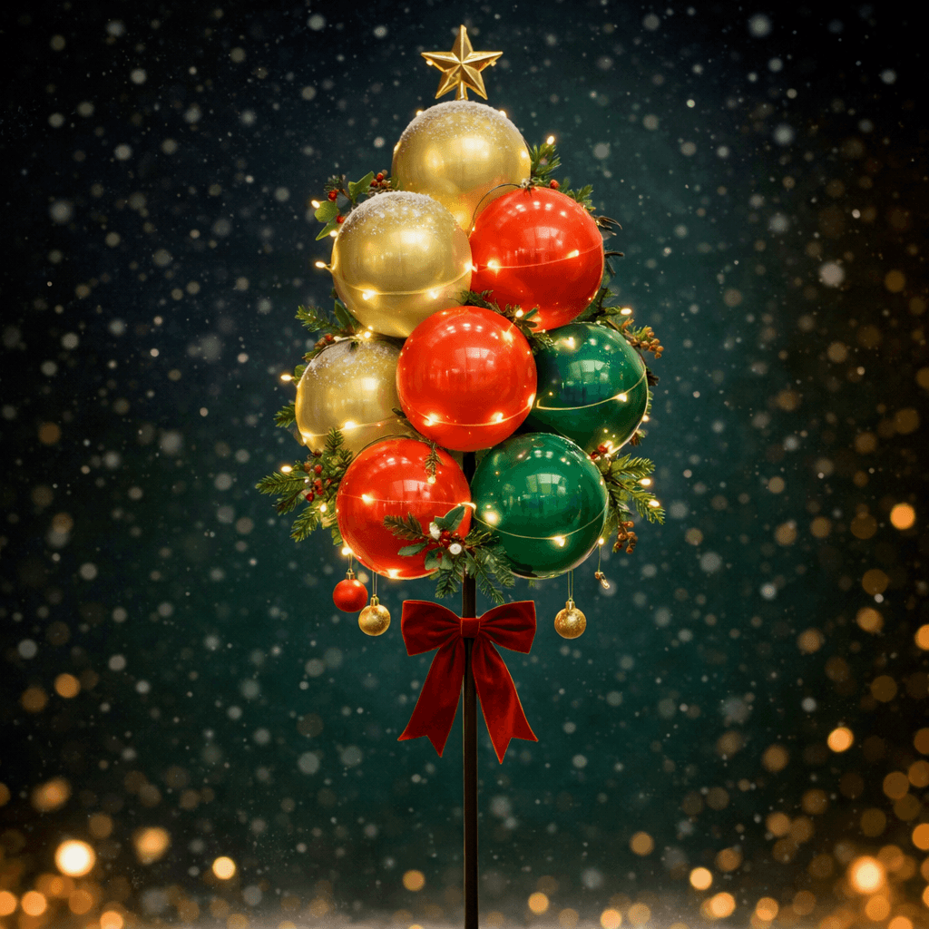 Racimo de globos con forma de arbolito de Navidad con bolas doradas, rojas y verdes, luces y una estrella dorada arriba