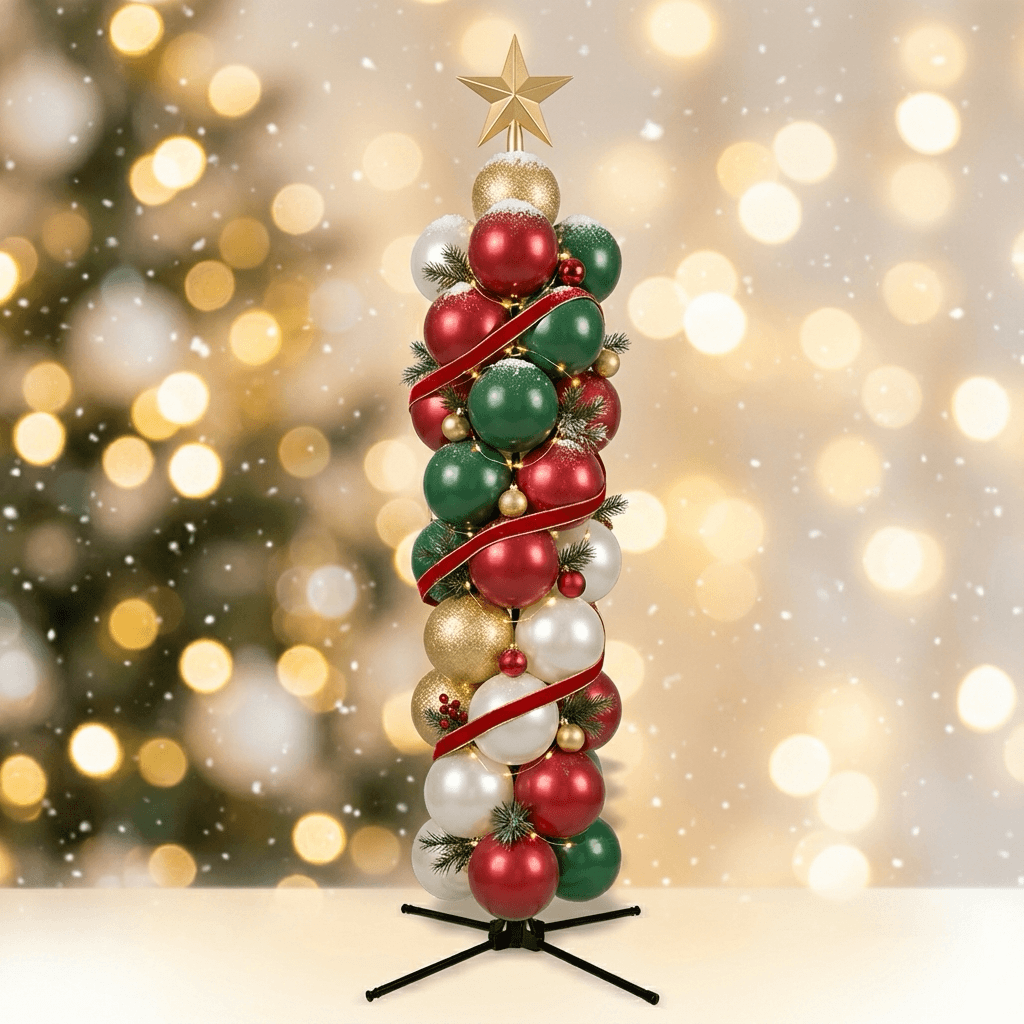 Columna de globos en rojo, verde, blanco y dorado con una cinta roja, luces y una estrella dorada arriba, sobre una base en X